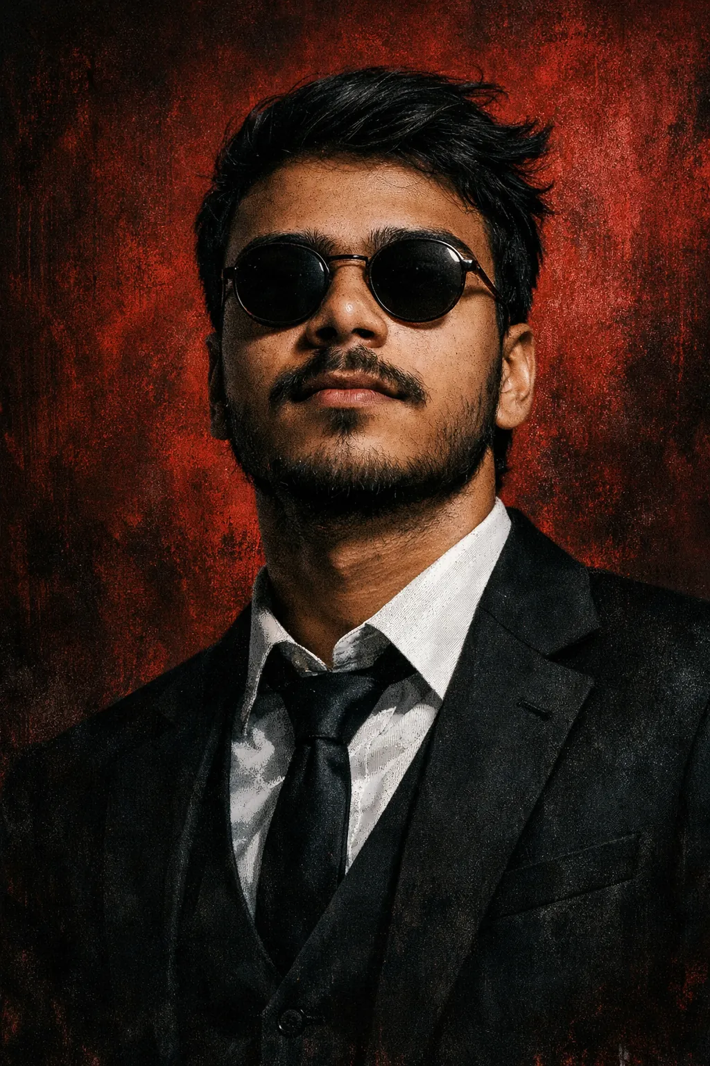 Noir movie poster portrait, man in black suit sunglasses, graphic novel realism, cinematic dark lighting